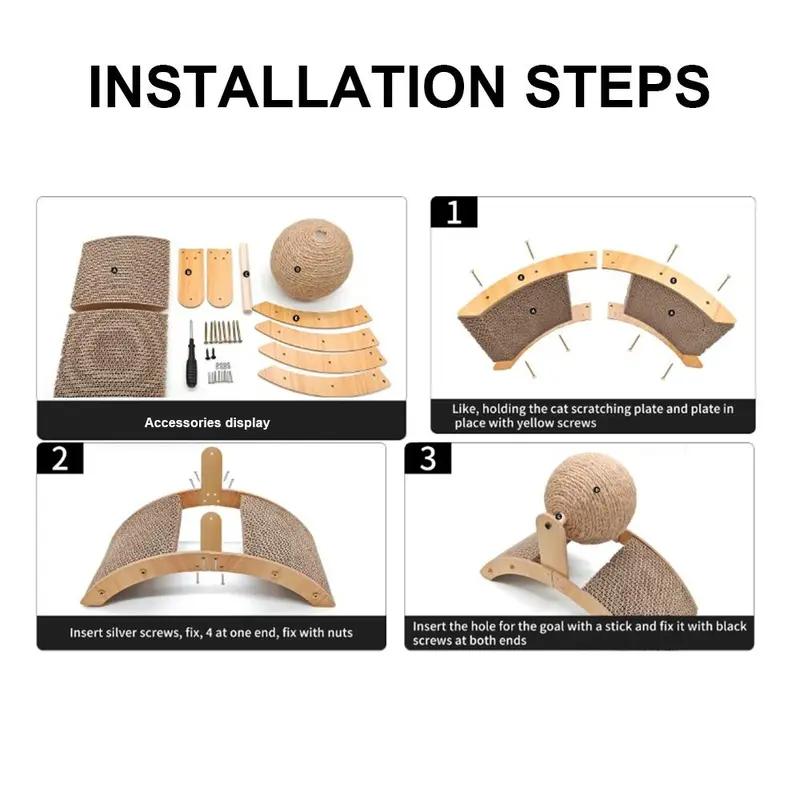 Cat scratching board with hanging ball toy and extra-tall scratching post. Stylish arch design, sturdy and durable. Wall-mounted to save space, a must-have essential for every cat owner.