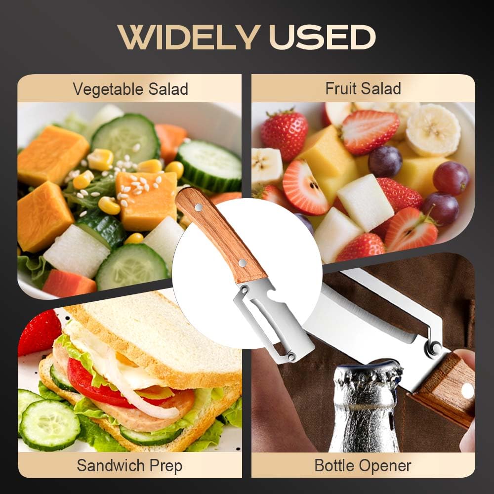 Wooden-Handled Stainless Steel Sharp Peeler with Built-In Bottle Opener for Fruits & Vegetables Ergonomic Non-Slip Handle Long-Lasting Construction Essential Kitchen Tool