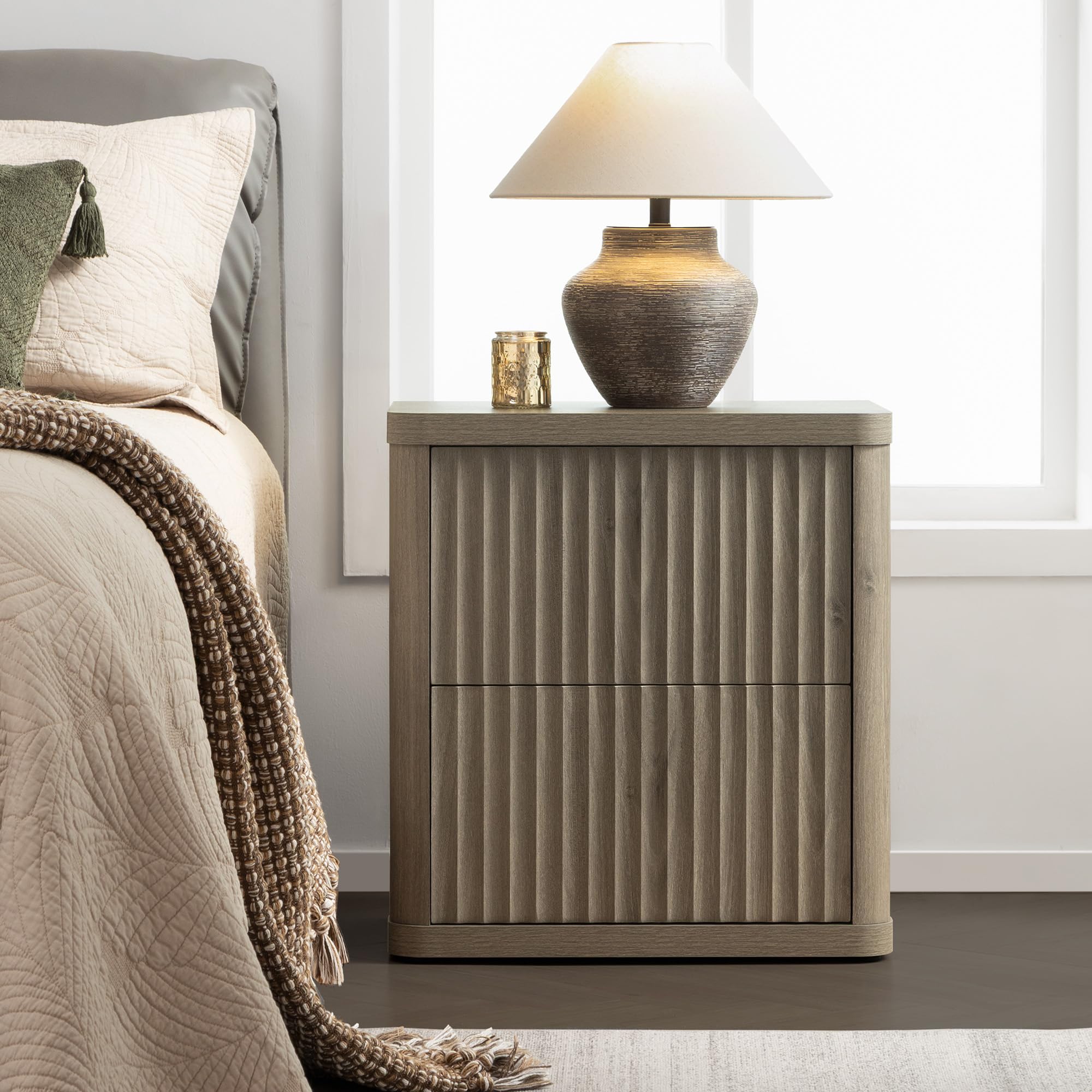 SICOTAS Set of 2 Nightstands, Fluted Modern Bedside Tables with 2 Large Handless Drawers - 22.75" Wide Small End Tables, Curved Edge Design for Bedroom & Living Room SICOTAS Set of 2 Nightstands, Fluted Modern Bedside Tables with 2 Large Handless Drawers - 22.75" Wide Small End Tables, Curved Edge Design for Bedroom & Living Room