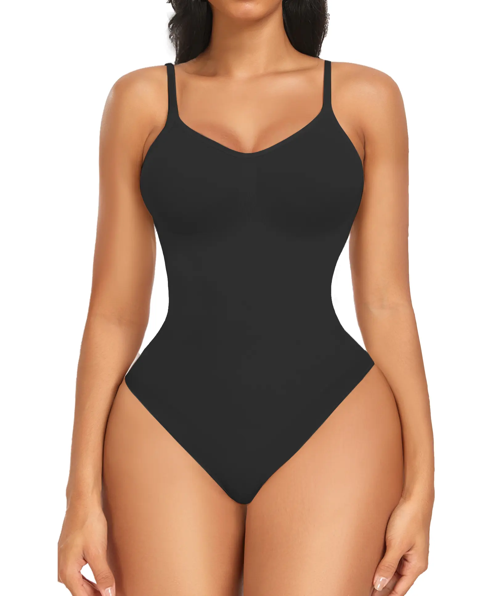 Women's Smooth Low-Back Nylon Bodysuit Shapewear for Dresses - Adjustable Slim V-Neck Mid-Waist Thong with Tummy Control, Built-in Bra, Compression, Body Contouring, Comfy Fit, Basic Style