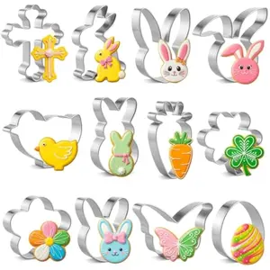 Easter Cookie Cutter Set, 12 Pieces Easter Bunny Cookie Cutter Set for Baking - Carrot, Bunny Face, Leaf, Egg, Flower, Butterfly Shapes Holiday Themed Party Supplies
