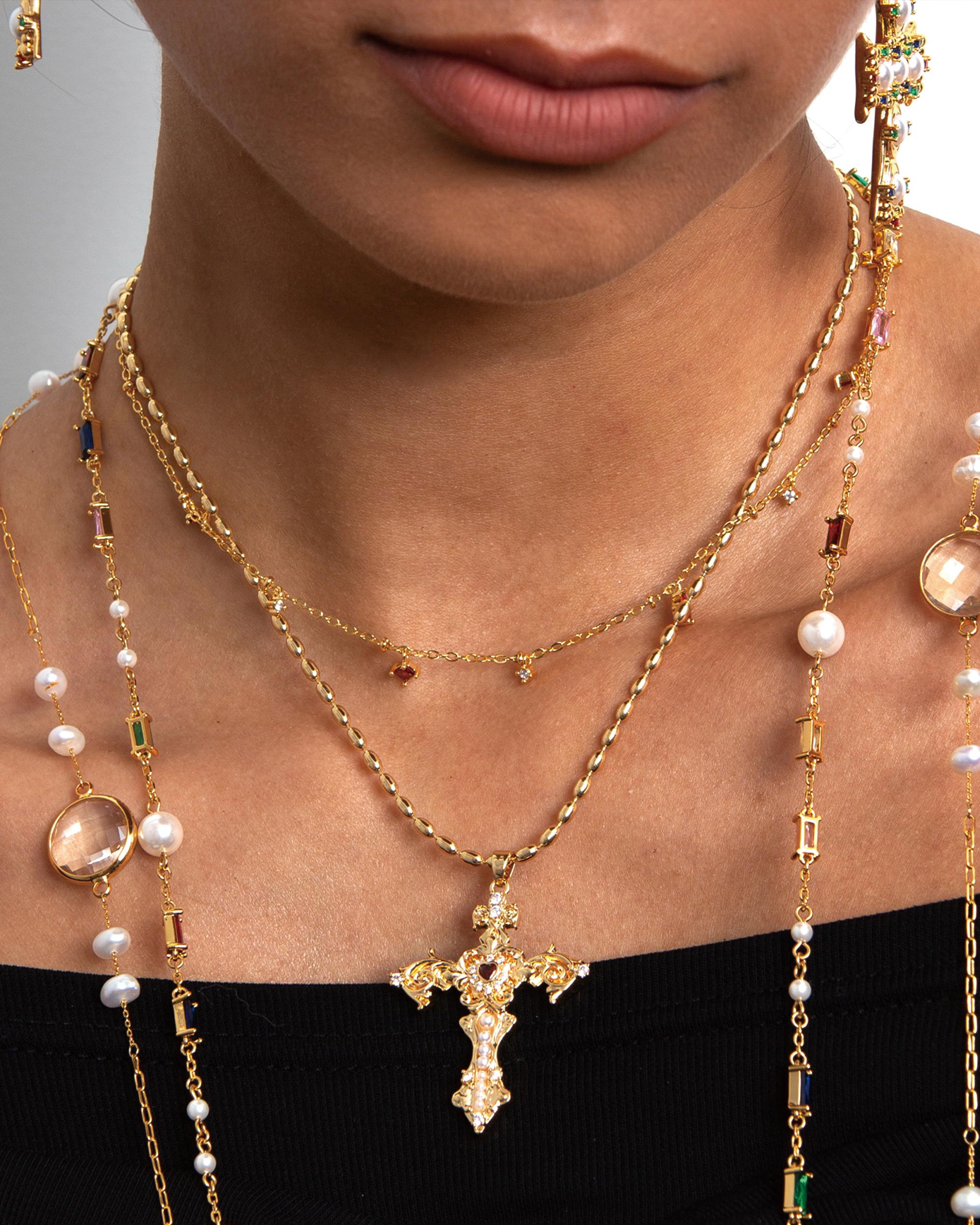 en route Gold Aphrodite’s Song Necklace, Statement Cross Pendant with Goddess-Inspired Design, Perfect for Layered Styling & Coordinated Sets