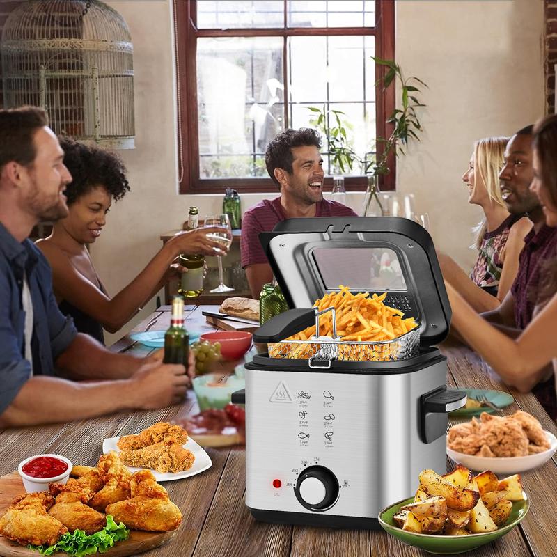 SUSTEAS Deep Fryer with Basket 1500W Electric Fryer 2.5L/1.5L Non-Stick Inner Pot Temperature Control Removable Lid Easy Clean Cooker for Small Households