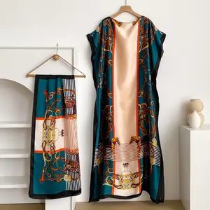 1 Piece Fashion Printed Robe Pullover Shawl Dress Long Wrap Silk Scarf Headband Ladies Seaside Beach Sunshade Sunscreen Satin Silk Scarf