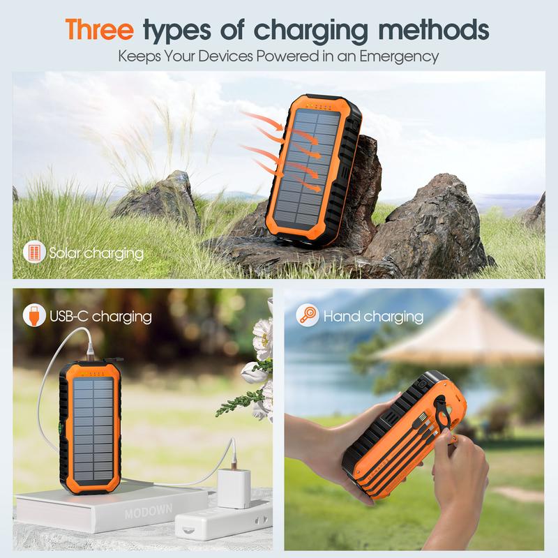 Bodo-Tech 40000mAh Solar Charger Hand Crank Power Bank with 4 Cables Fast PD20W Charging LED Flashlight for iPhone Android Samsung Orange Black