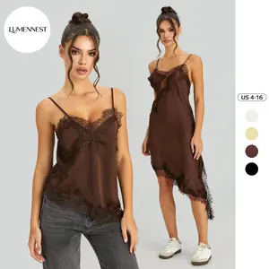 LUMENNEST Women's Chic Lace Series Solid Color Thin Strap Sloping Hemline Top, Minimalist Hollow Out Lightweight Sleepwear & Loungewear