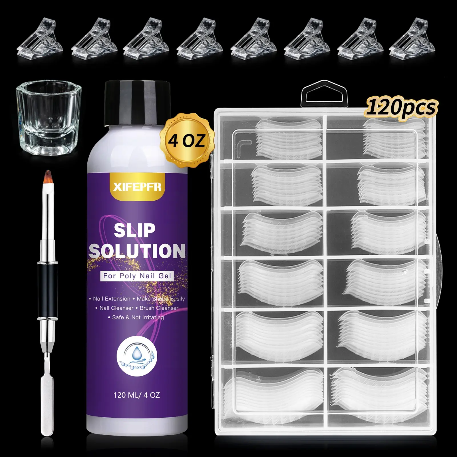 Poly Gel Slip Solution Kit 4oz Anti-Stick Liquid, 120pcs Dual Forms Nail Brush Clips & Cup, DIY Nail Art Manicure Nail Extension Gifts for Women, Polygel Nail Set, Poly Gel Nail Kit Complete, Polygel Nail Kits, Nails Kit