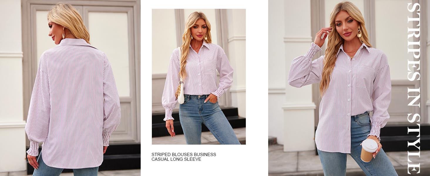 Womens Button Down Shirts Striped Smocked Cuff Long Sleeve Blouses with Pocket Casual Collar Office Work Tops