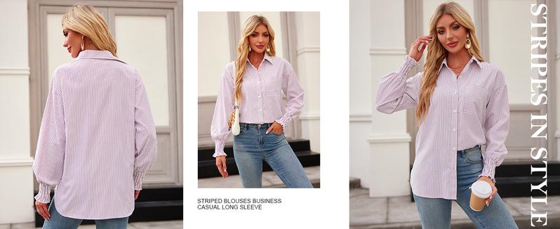Womens Button Down Shirts Striped Smocked Cuff Long Sleeve Blouses with Pocket Casual Collar Office Work Tops