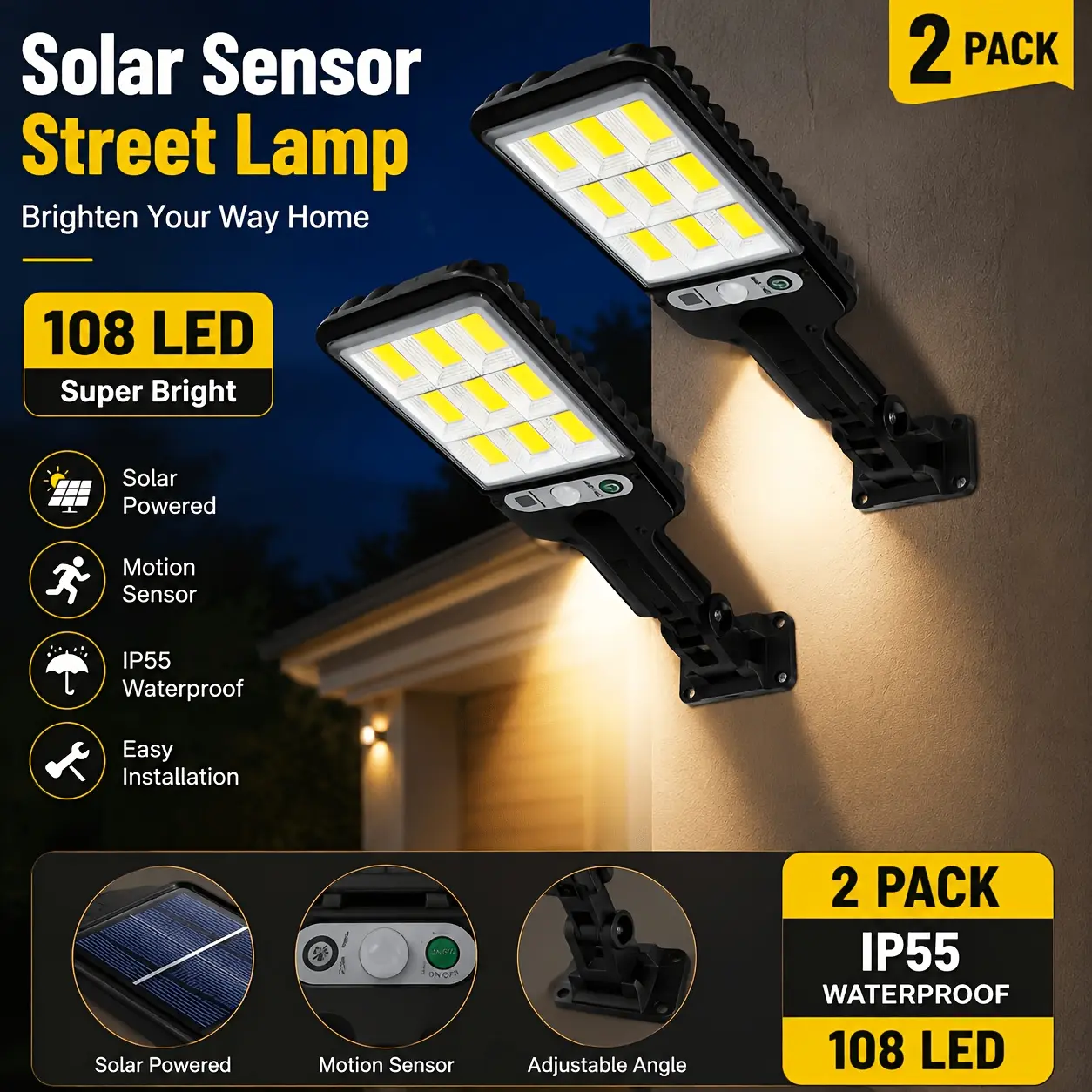 Solar Outdoor Lights (2-Pack) - 108 LED White, IP55 Waterproof Plastic-Body Flood Lights, Festive Decor Gifts for Thanksgiving Christmas, Home Garden Supplies