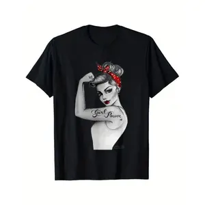 Graphic Tees ower Modern Rosie Badge Retro Art Anne Cha Women's T-Shirt - 100% Casual Round Neck Tee with Empowering Graphic Design, Hand Wash Only fashion statement