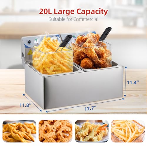【GARVEE】Commercial 10L+10L - 1500 Watts Dual Tank Electric Deep Fryer Stainless Steel Countertop Oil Fryer with Basket for Restaurant/Home Use (110V)