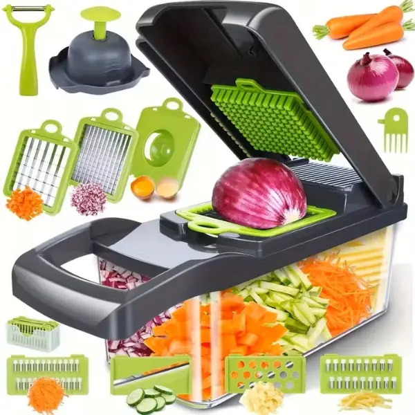 KitchenPro Vegetable Chopper and Slicer 16-in-1 with 16 Stainless Steel Blades Multi-Blade Food Prep Tool for Professionals and Home Cooks