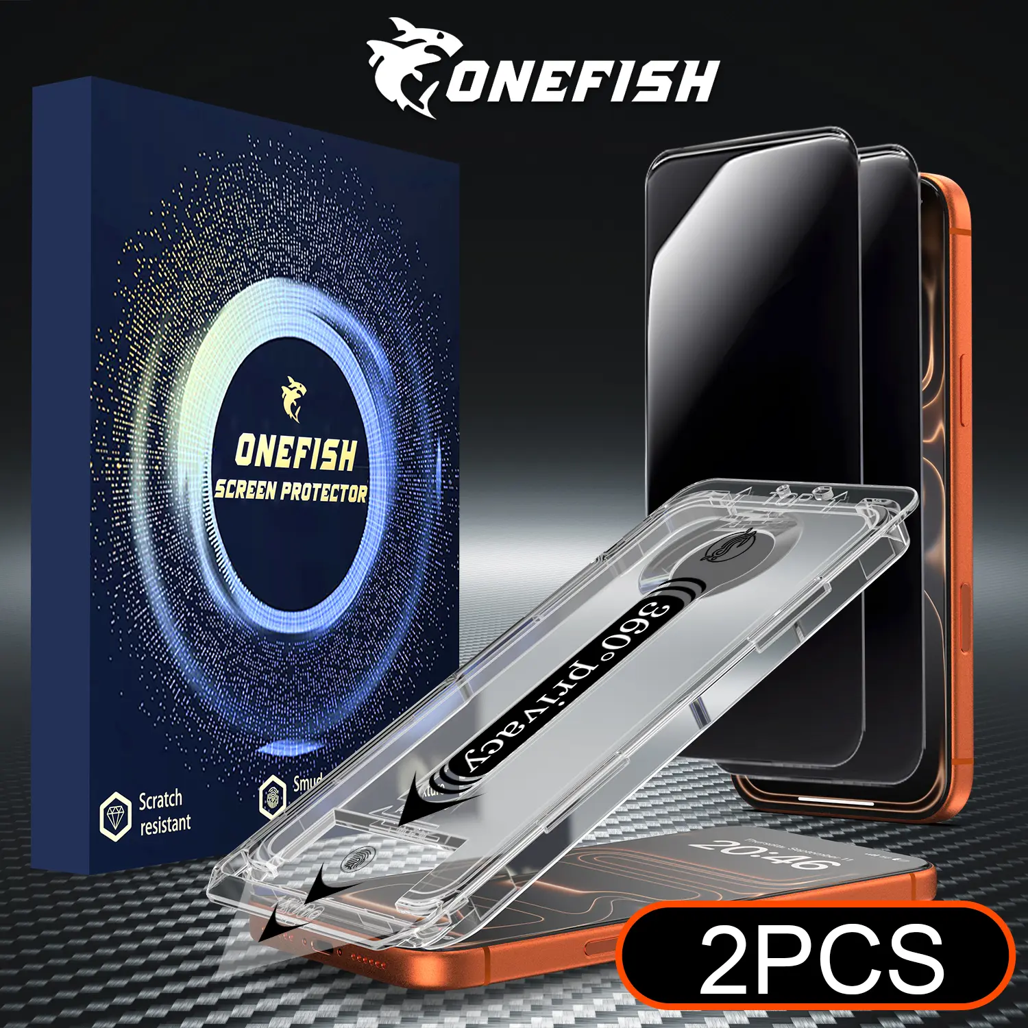 ONEFISH 360° Privacy Screen Protector 2 Pack for iPhone Scratch-Resistant Ultra-Smooth Touch Electroplating Oleophobic Layer Easy Installation