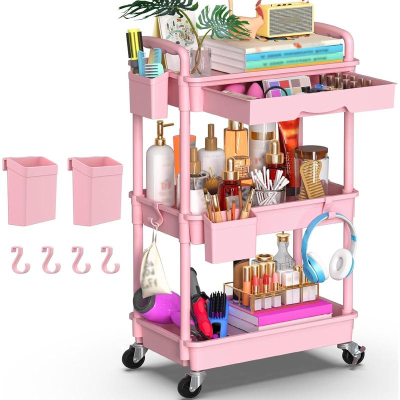 VANCASTLE 3/4 Tier Rolling Utility Cart Organizer with Removable Drawer - Sturdy Rolling Storage Cart with 2 Lockable Wheels for Bathroom, Kitchen, Snack, Craft, Makeup, and Baby Essentials White Racks bathroom organizer garage accessories