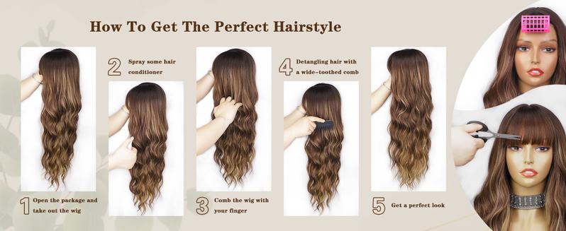 AISI HAIR Wig with Bangs Long Wavy Wig with Dark Roots Ombre Natural Curly Synthetic Resistant Fiber wigs for beginners Daily Party Use