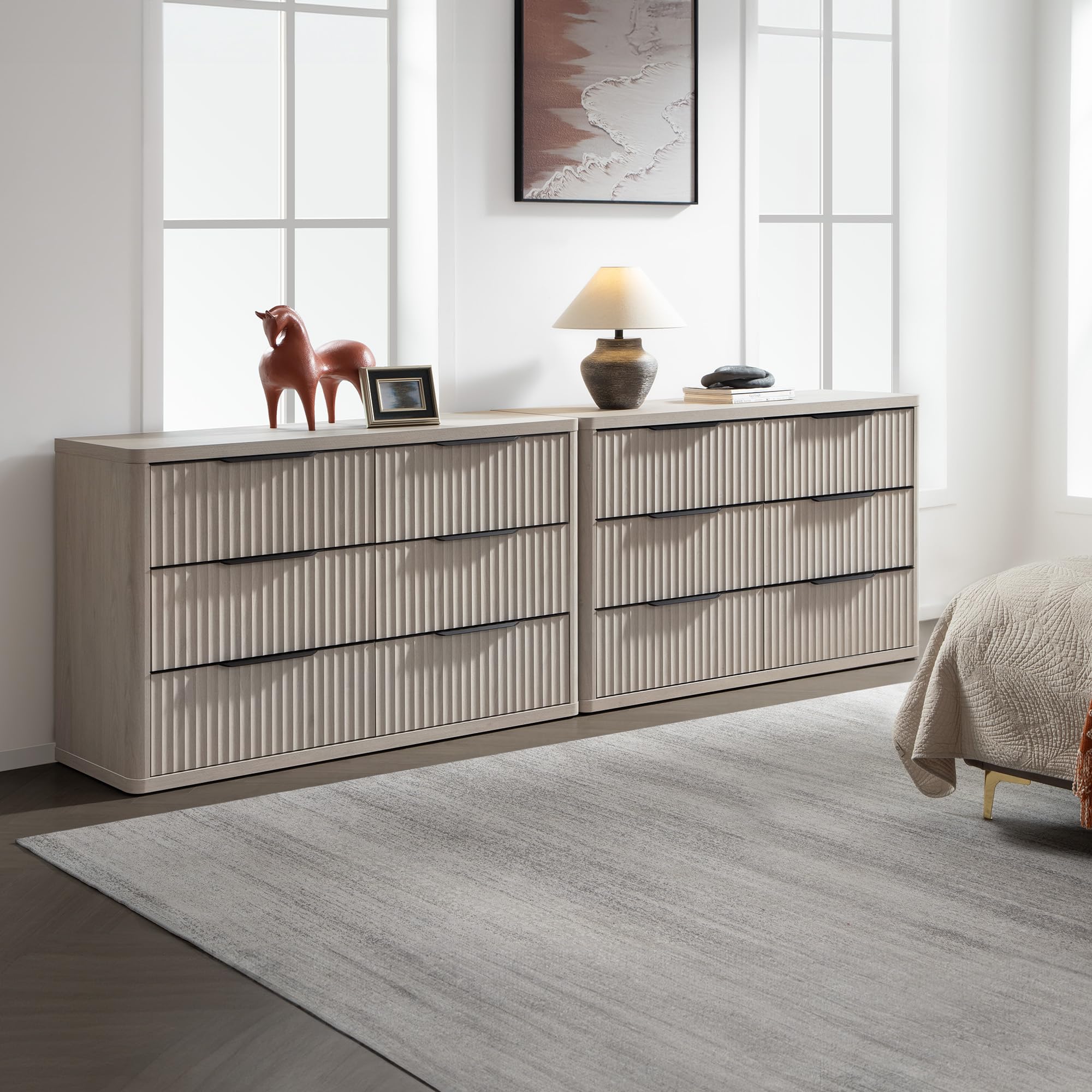 SICOTAS Dresser for Bedroom 6 Drawer Dressers & Chests of Drawers for Closet Long Large Modern TV Stand Set for Clothes Storage Fluted Wide Clothes Closet for Hallway Entryway