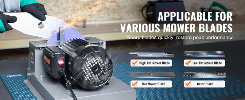 VEVOR Lawn Mower Blade Sharpener,  1HP 750W Lawnmower Blade Sharpener with 9-inch Ceramic Grinding Wheel, Powerful Bench Mower Sharpening Machine for High/Low Lift Blades, Gator Blades, Flat Blades