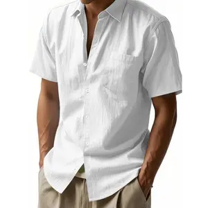 Men's linen shirt, summer regular slim fit casual short sleeved button up shirt, beach vacation fashionable men's top, men's clothing, casual comfortable collar