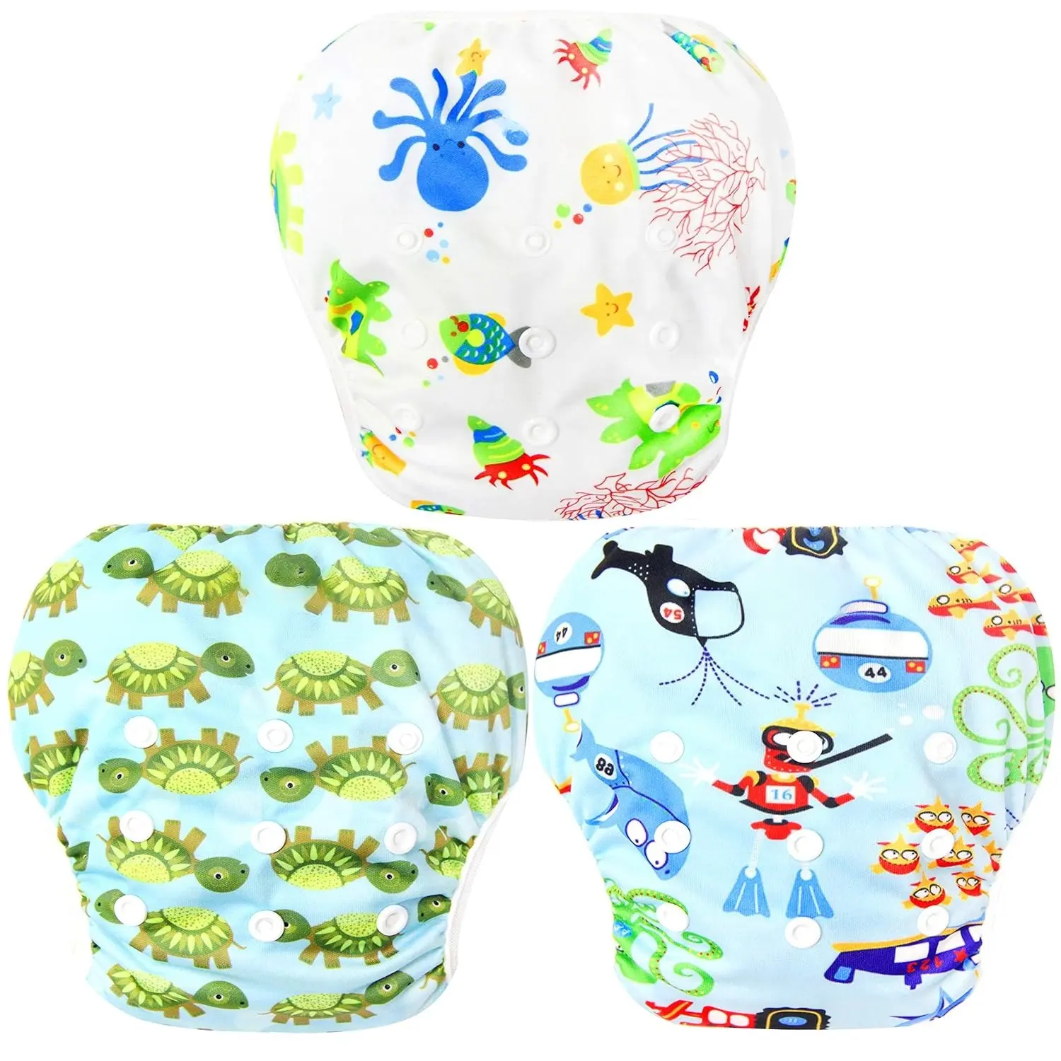 Baby Cloth Reusable Swimming Diapers (F-UDW01), Snap Closure, One Size Adjustable, 3-Pack (Small, Large), Sealife & Dinosaur Graphic Designs