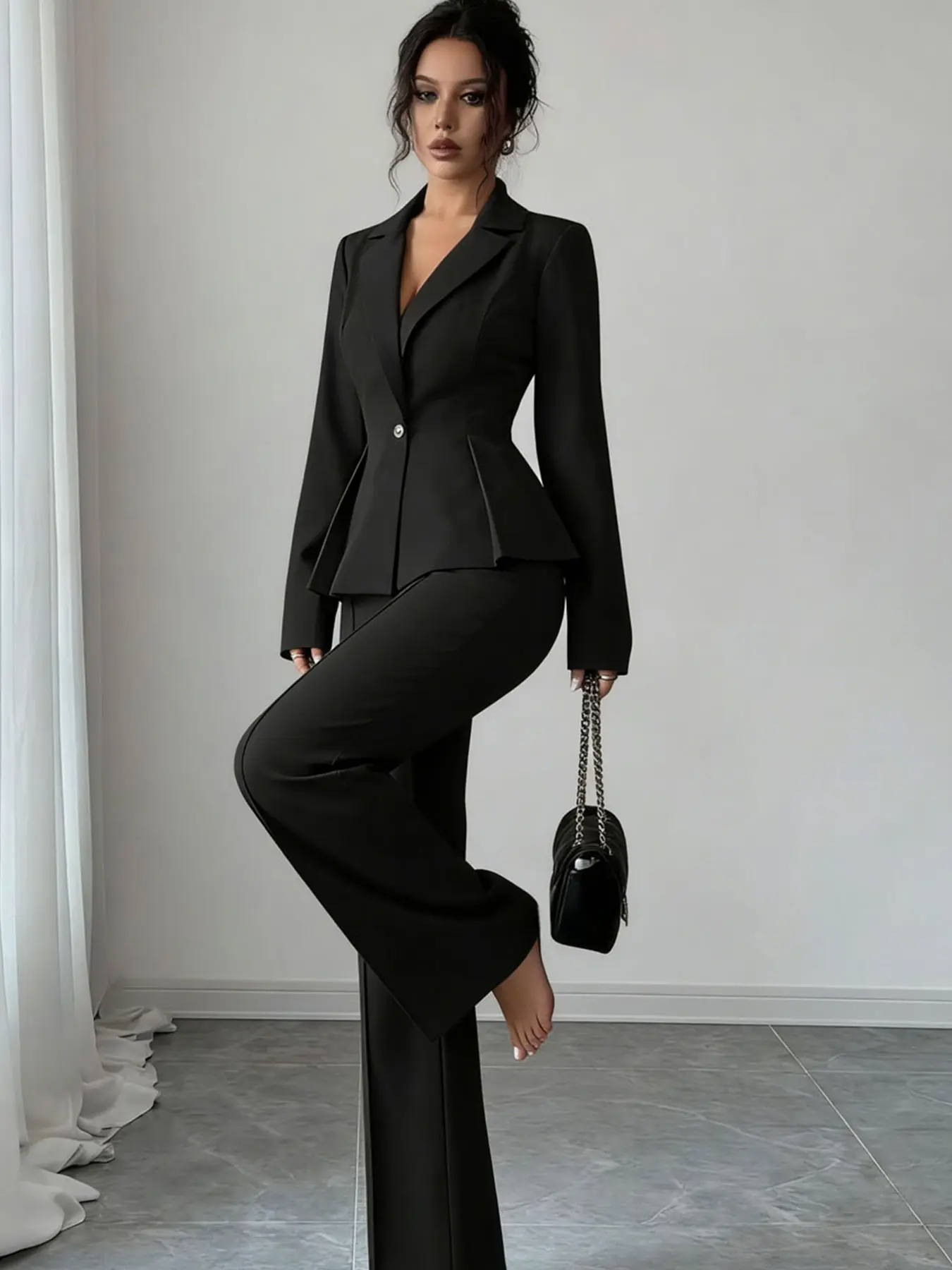 Women's two-piece black lapel multi-button waist-cinching ruffled hem Fitted Long Sleeve blazer and high-waisted leg-lengthening suit pants set, Fashion business outfits, suitable for all seasons, daily wear, events, and other occasions