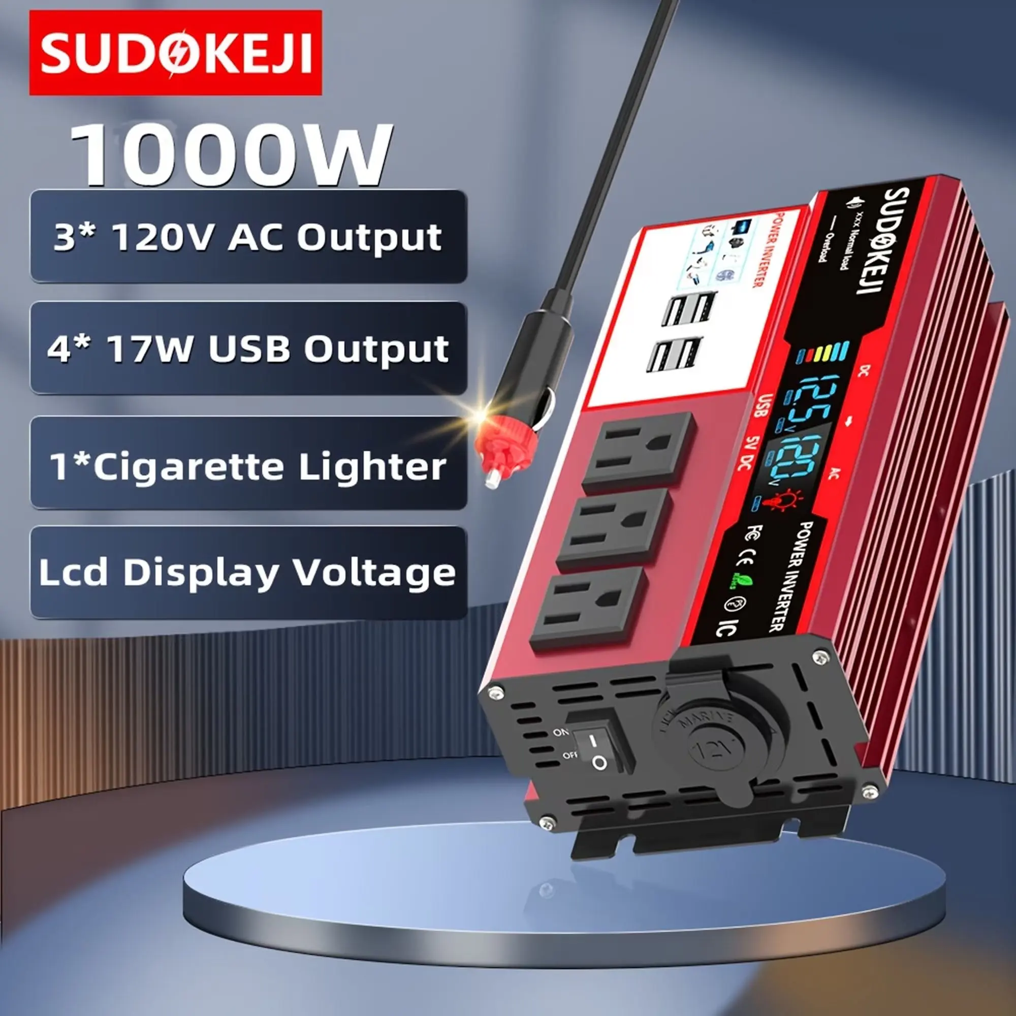 1000W Output Portable Compact Power Inverter - DC 12V DC Power Supply to AC 120V Car Converter, LCD Display, 3 US Outlets, 4 USB Ports, Car Plug, Vehicle Cigarette Lighter & Battery Clips for Camping Home Backup, Power Backup, User-Friendly
