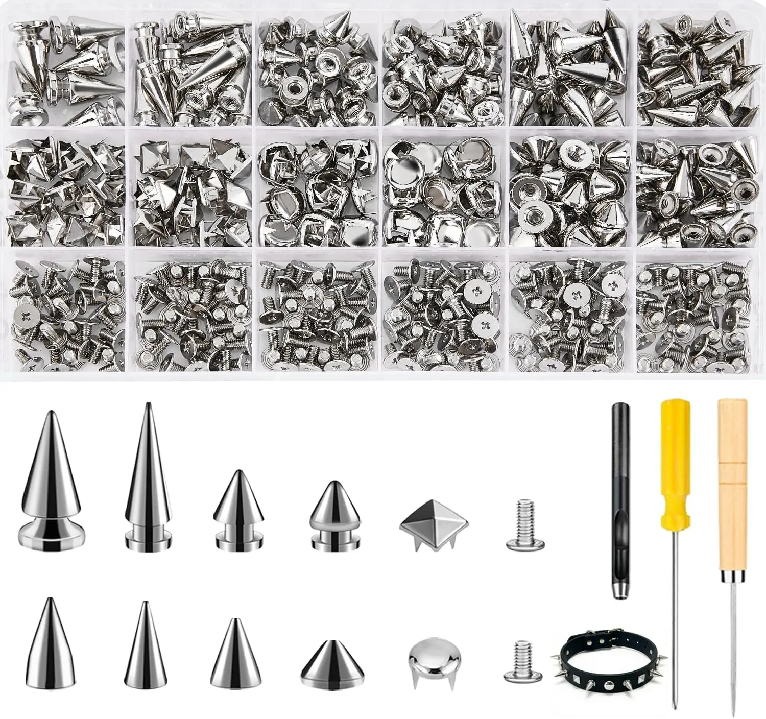 DIY Leathercraft Metallic Punk Kit - 455PCS 12 Sizes Durable Premium Metal Cone Spikes, Square Pyramid Studs, Round Dome Rivets for Punk Style DIY Craft Decoration Projects