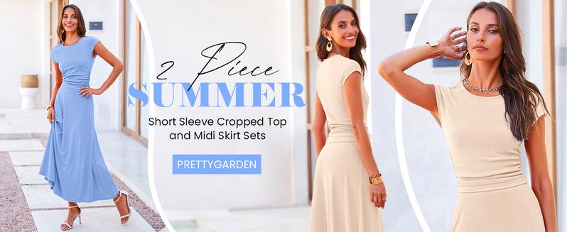 PrettyGarden Women's 2-Piece Ribbed Knit Short Sleeve Crop Top High Waist Midi Skirt Set Summer Outfits#springtok