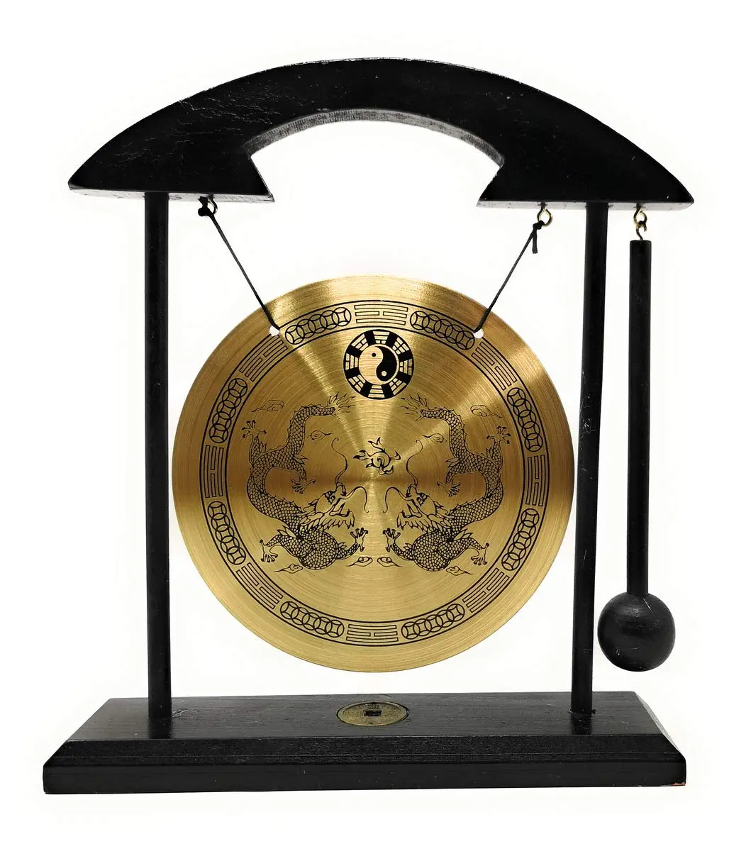 Thy Home Zen Art Brass-Wood Feng Shui Desktop Gong - 5" Chinese-Style Harmony Bells with Calming Sound, Wood Decoration, Good Feng Shui Indoors Ornament, Adds Zen Ambiance to Home or Office, Ideal Housewarming Gift