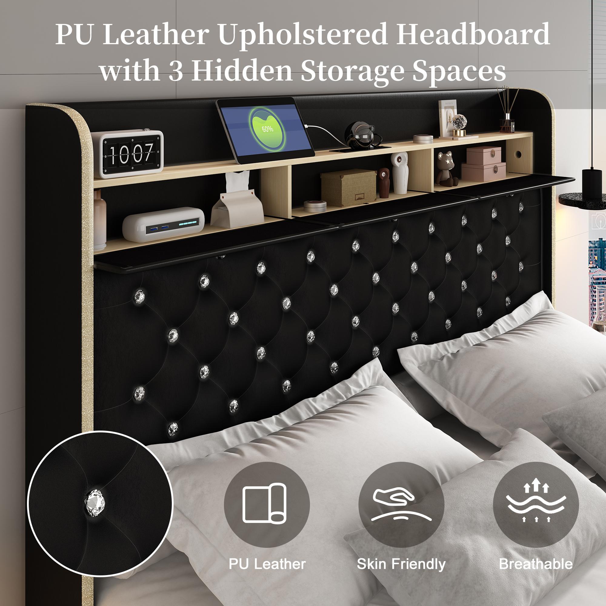 Modern Queen LED Bed Frame with Galaxy Aurora Projector, 52" Upholstered Headboard with Charging Ports, 2 Storage Drawers, Noise-Free Platform, No Box Spring Needed – White / Black / Gray PU Leather