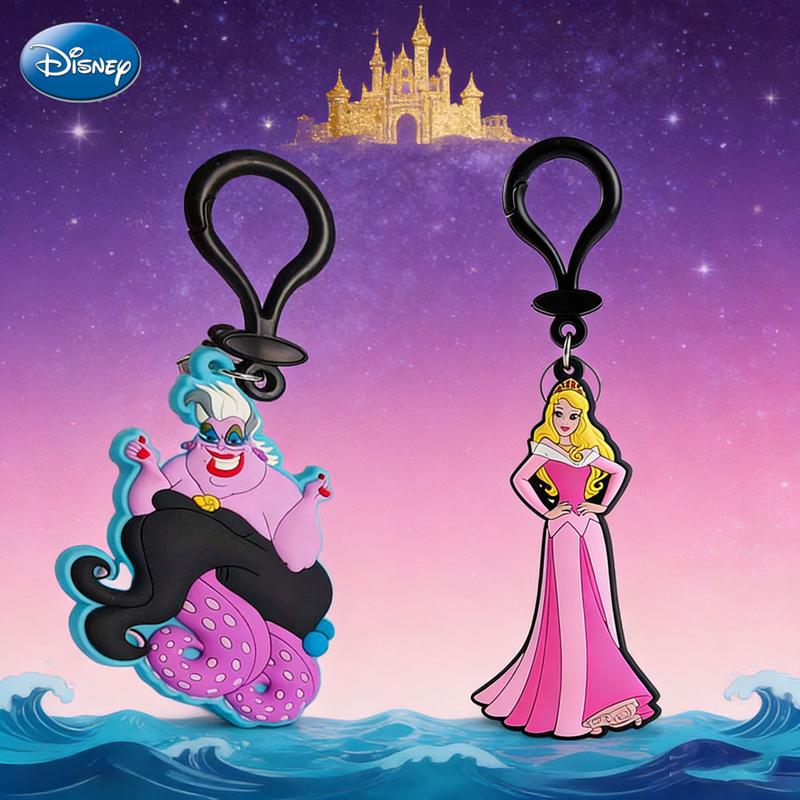 1PC Disney Princess Keychain Officially Licensed Collectible Aurora Ursula Classic Villain Gorgeous Gown Dress Sea Witch Anime Peripheral Backpack Decoration Car key Pendant Desk Ornament Durable PVC Rubber Gift