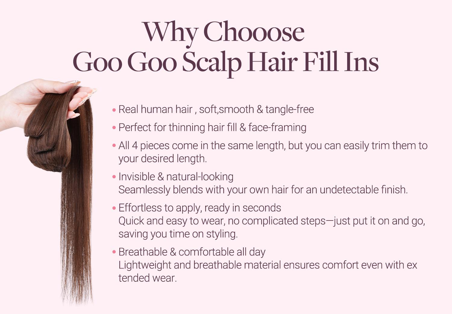 GOO GOO Scalp Hair Fill-Ins Clip-in Short Hair Extensions Real Human Hair, Thinning Hair Fill-Ins Natural Look Volumizer for Women