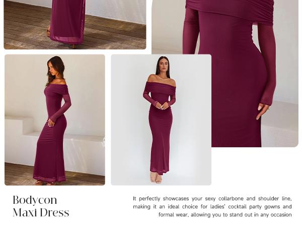 REORIA Women's Off Shoulder Long Sleeve Dress Elegant Sexy Stretch Mesh Double Lined Slim Trendy Long Dresses for Women