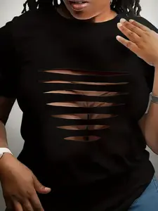 Women's Black T-Shirt with Geometric Cut-Out Design Printed T-shirt - Casual Sporty Summer Top, Breathable Short Sleeve Round Neck, Machine Washable Womenswear Fit