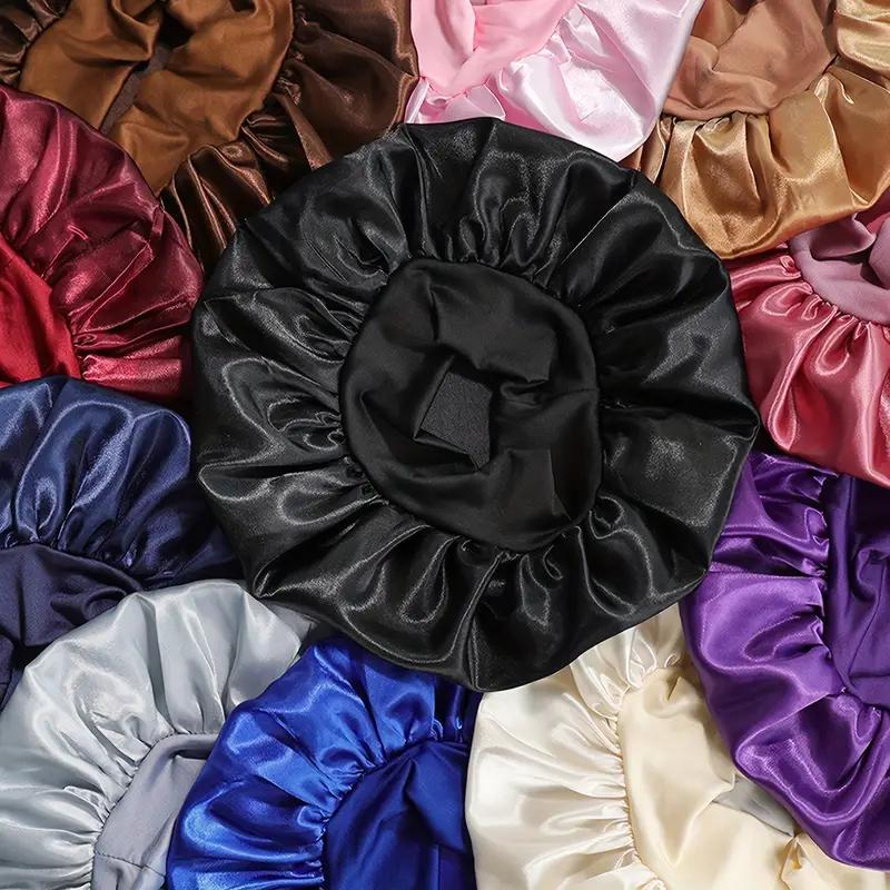 Luxury Satin Shower Cap Waterproof Double Layer Bonnet with Adjustable Elastic for Frizz Control Night Sleep & Hair Protection in Red Pink Black & Navy