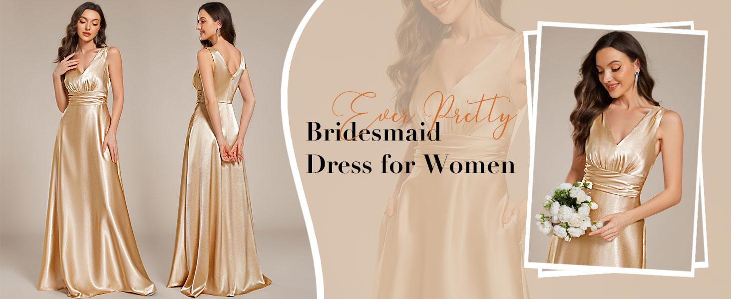 Ever-Pretty 2026 Evening dress V-neck Empire Waist Satin Maxi Bridesmaid Dress with Pockets 02326 Comfort,party dress, dress Spring  Evening dress