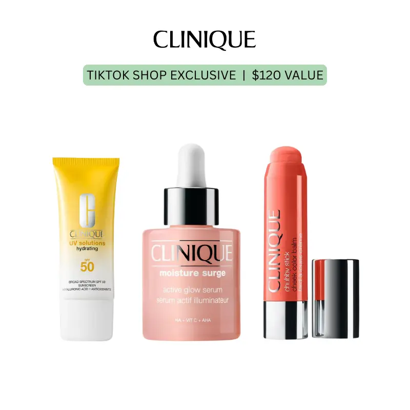 [Clinique] Effortless Glow Trio | Moisture Surge Active Glow Serum | UV Solutions Hydrating Sunscreen SPF 50 | Chubby Stick Cheek Colour Balm | Skin-brightening | Hydrating | Lightweight | Sensitive Skin | UVA/UVB