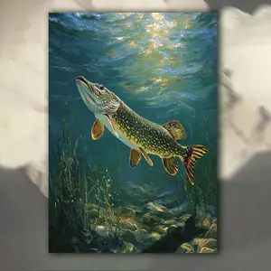 1pc Large Northern Pike Fish - 30.48x40.64cm (12"x16") Framed Fishing Scene with Jumping Pike, Realistic Aquatic Plant & Backdrop - Detailed Canvas Wall Art Print for Anglers, for Cave, Lodge Decor - Ideal Gift, 2D Flat, Perfect for Room Decor	