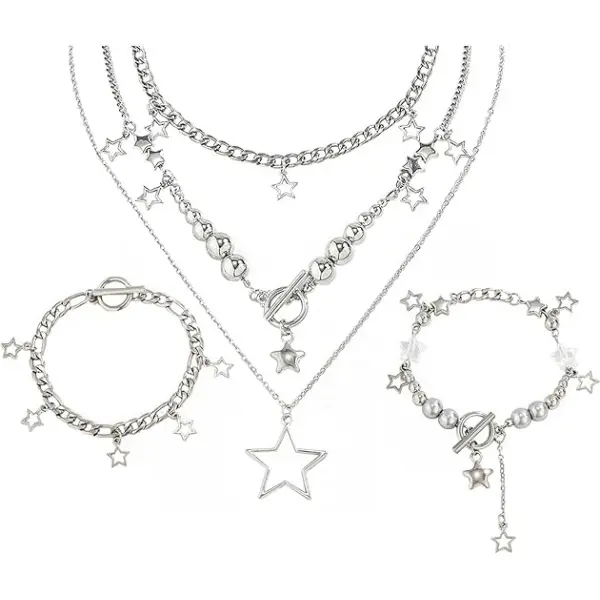 1 Pack Silver Star Necklace with 2 Packs Silver Star Bracelets Y2K Jewelry Set Grunge Necklace Kawaii Cute Necklaces Aesthetic Vintage Emo Jewelry