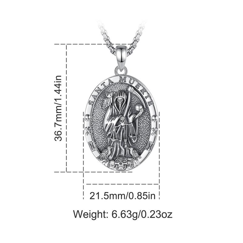Eudora S925 Sliver Santa Muerte Necklace, Silver Grim Reaper Pendant, Mexican Saint Medallion,  Memento Mori Amulet, Protective Sigils Jewelry