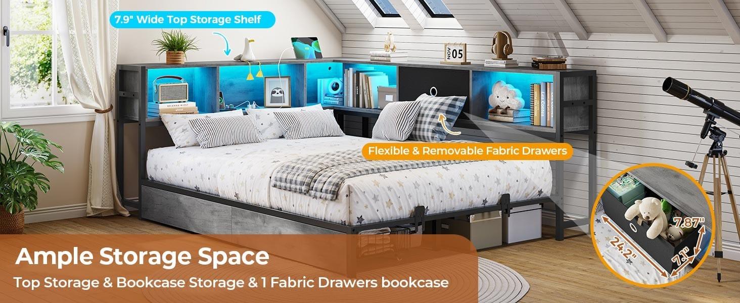 Sikaic LED Daybed with Storage Drawers and Bookcase Headboard Oak Gray Sikaic LED Daybed with Storage Drawers and Bookcase Headboard Oak Gray