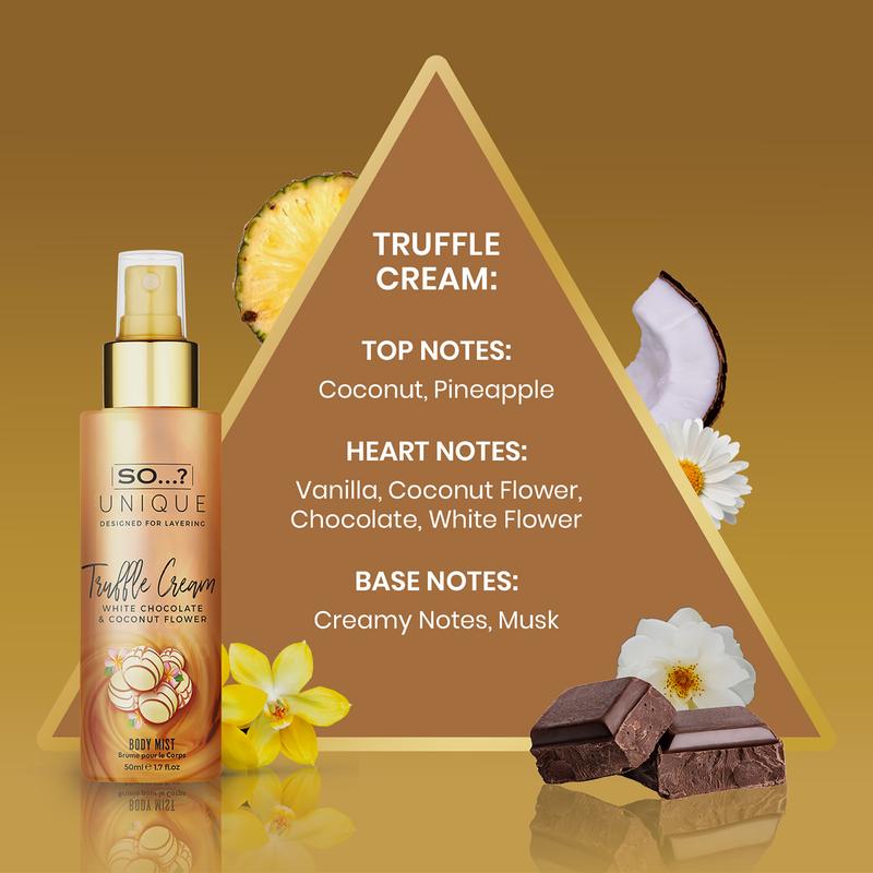 SO...? Unique 4PCS Body Mist Set - Vegan Cruelty-Free Perfumes for Women - Vanilla Candy, Sweet Pea, Truffle Cream, Cashmere - 650 to 1000 Sprays - Long Lasting Eau de Parfum Gift Set Long-Lasting Women's Floral-Fruity Perfume Set