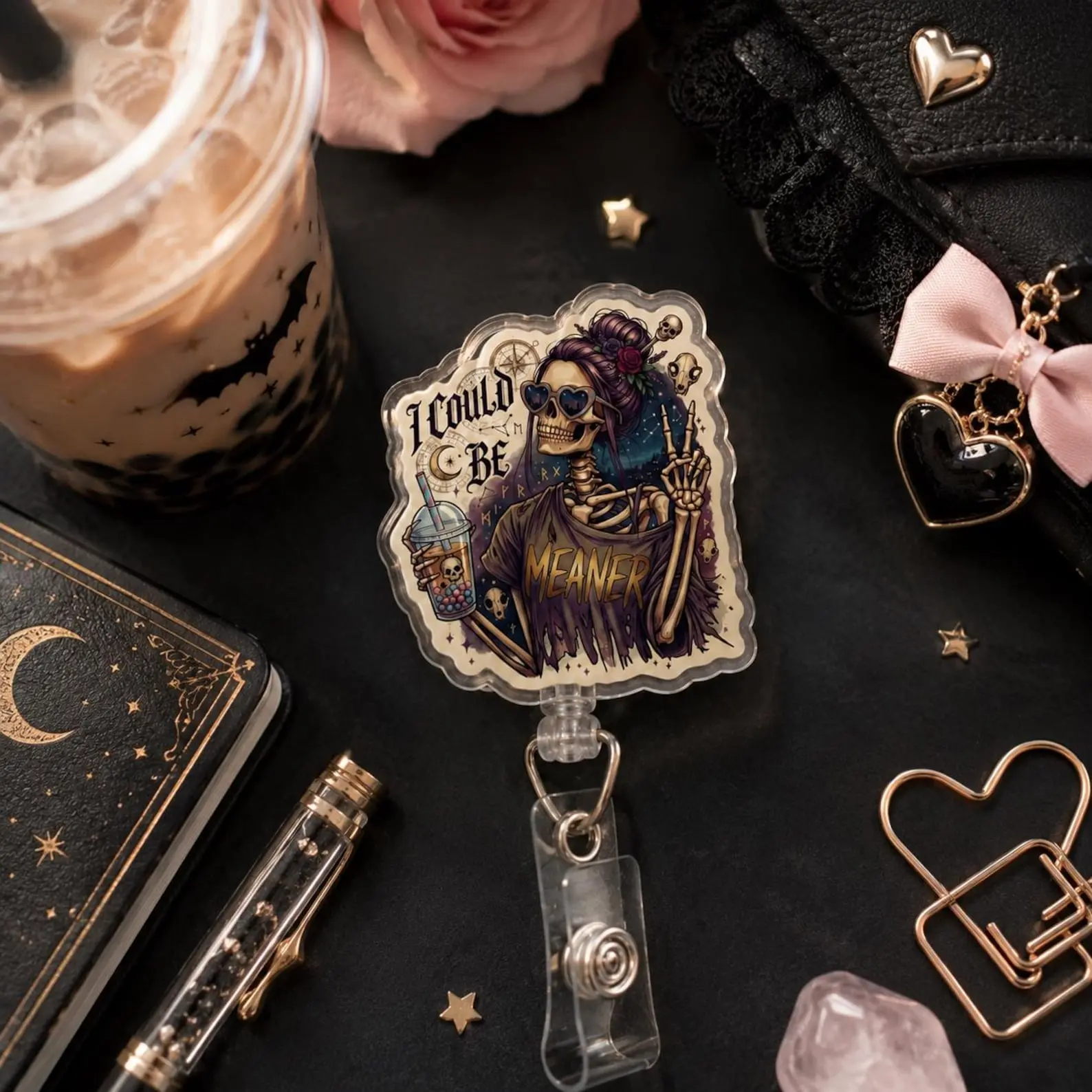 I Could Be Meaner Skeleton Badge Reel, Funny Goth Meme Aesthetic Retractable Badge Holder, Nurse Dark Humor Coquette Gothic Reader Medical