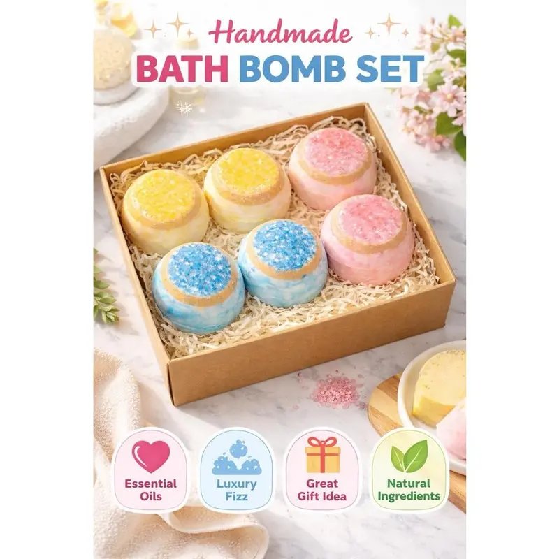 Set of Six Handmade Bath Bombs Crafted With Natural Essential Oils for Relaxation, Stress Relief, Spa Like Aromatherapy Experience at Home, Gentle on Skin, Perfect for Daily Self Care Rituals, Gift Giving,
