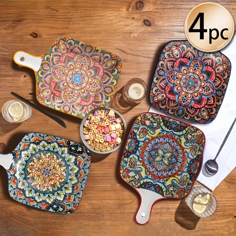 Set of 4 9inch Bohemian Ceramic Plates with Handles, Salad Serving Plates, Dinner Plates, Vintage High-Quality Glazed Design, Perfect for Salad and Hot Dishes, Ideal for Family Use and Gatherings, Decorative Plates