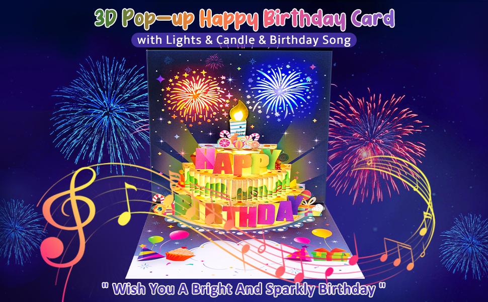 INPHER Birthday Cards Fireworks Pop Up Cake Blowable Light and Music Happy Birthday Card Gifts for Women Men Mom Kids