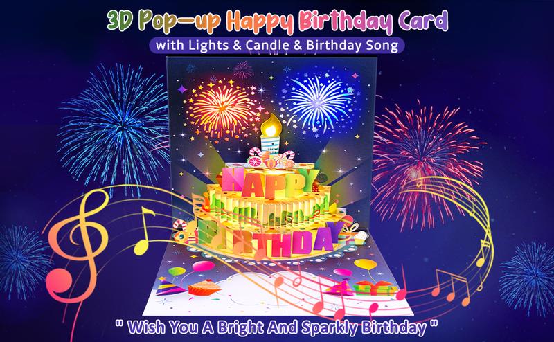 INPHER Birthday Cards Fireworks Pop Up Cake Blowable Light and Music Happy Birthday Card Gifts for Women Men Mom Kids
