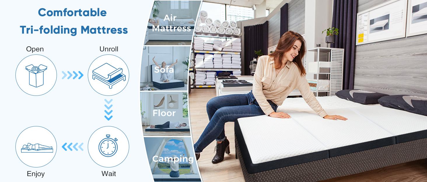 Folding Mattress, Tri-fold Memory Foam Mattress Topper for Camping, Foldable Mattress Topper with Washable Cover