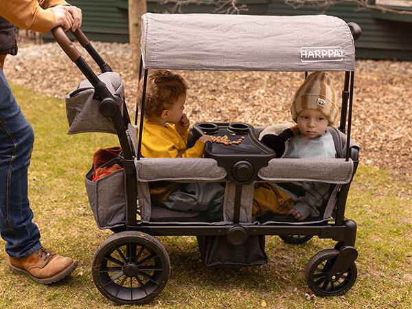 HARPPA All-Terrain Wagon Stroller for 2 with Canopy, Foldable 2-Seat Strollers for Babies, 4 Seats Wagon for Outdoor & Beach, Adjustable Push & Pull Handle, Footwell & Large Storage