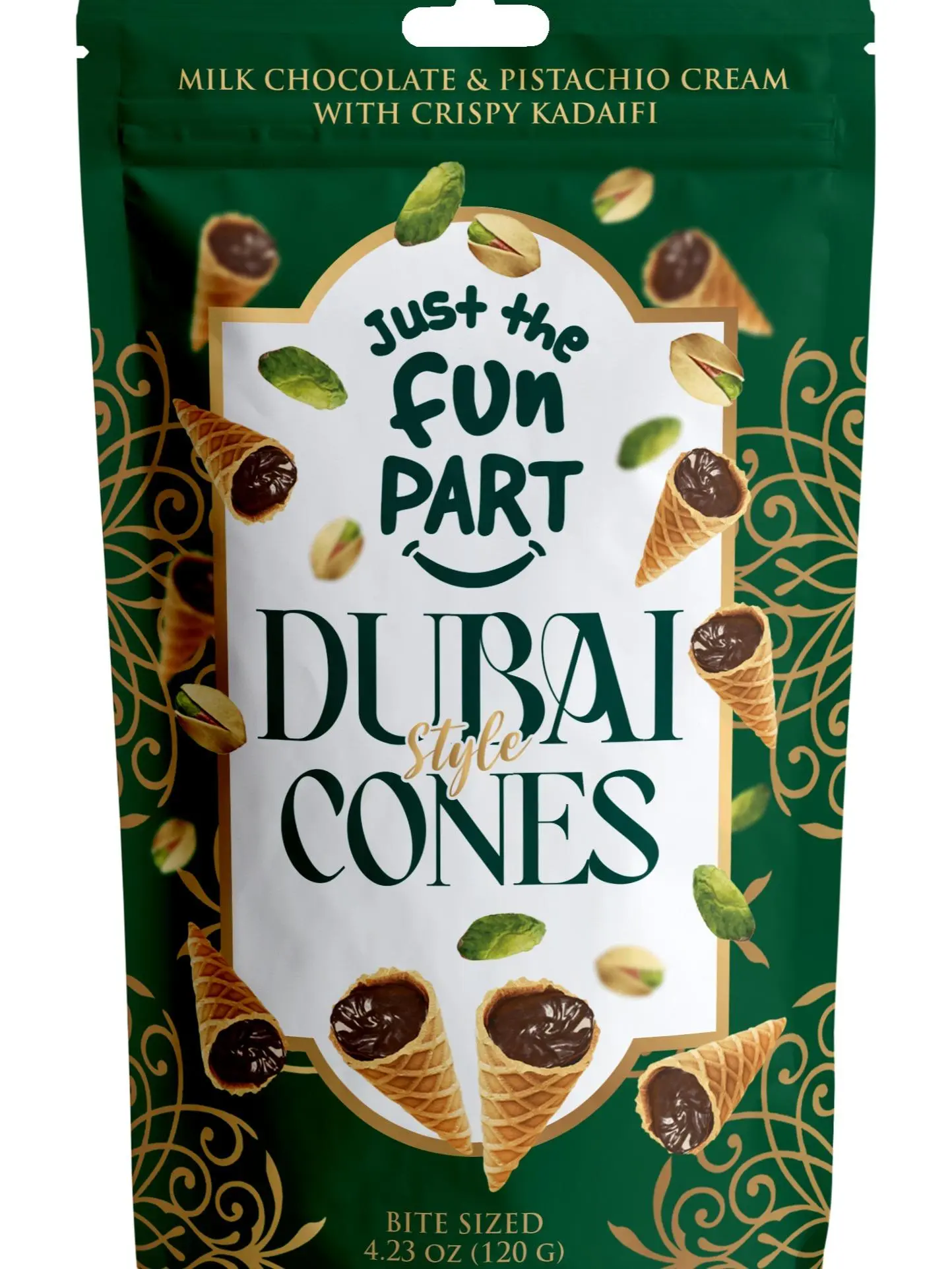 Just The Fun Part Dubai Cones with Chocolate & Pistachio Cream & Crispy Kadaifi Snack Bite Dessert Crunchy Sweet